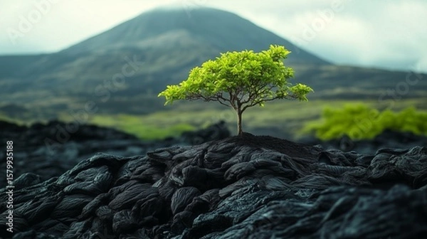 Fototapeta Resilient Green Tree Sprouting on Black Volcanic Rock Against a Mountain Background