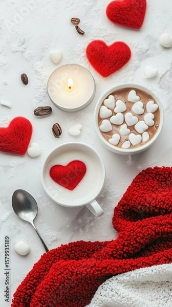 Fototapeta Romantic Spa Day Flatlay Red and White Hearts, Cocoa Mug, and Candle