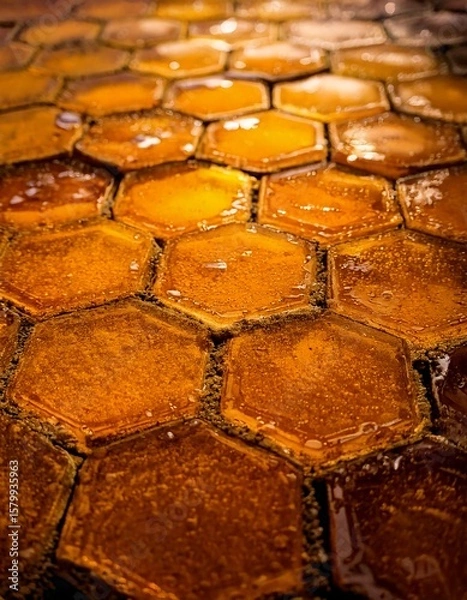 Obraz Ultra-Realistic Honey Brick Path Close-Up — Hexagonal Amber Tiles with Glossy Texture and Warm Glow