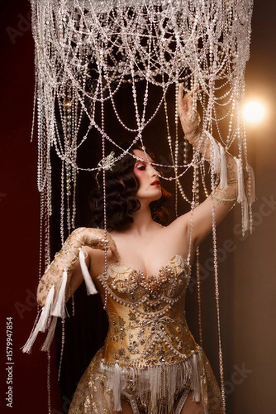 Fototapeta Elegant young circus actress in golden corset and gloves, standing under chandelier, front view. Retro theatrical look for circus, burlesque, performance, vintage stage shows.