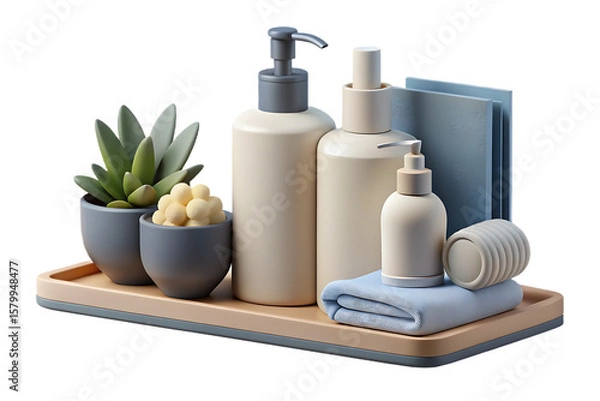 Fototapeta A minimalist tray with bathroom essentials and a small plant isolated on transparent background
