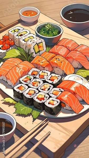 Fototapeta Elegant Sushi Set with Soy Sauce and Wasabi