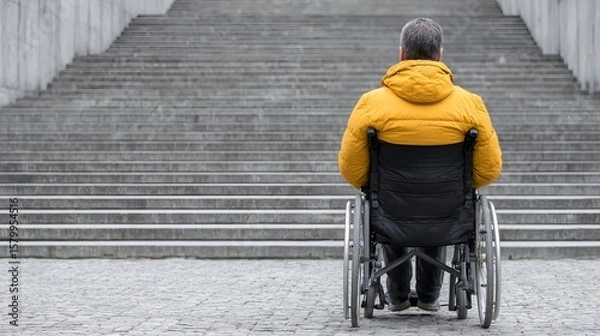 Fototapeta Person in a wheelchair in front of stairs, problems of the disabled and discrimination