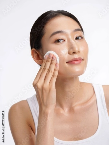 Fototapeta Skincare Routine with Cotton Pad Application