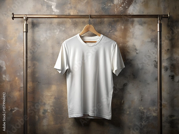 Obraz Blank t-shirt mockup hanging on vintage metal pipe rack with neutral backdrop