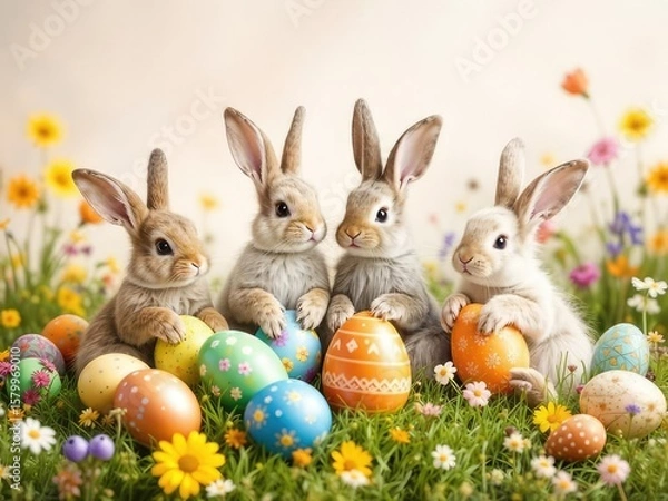 Fototapeta Easter Bunny Rabbits and Eggs in Spring Meadow