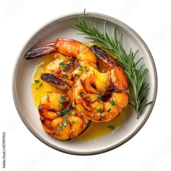 Fototapeta Delicious grilled shrimp with rosemary and butter sauce isolated on transparent background