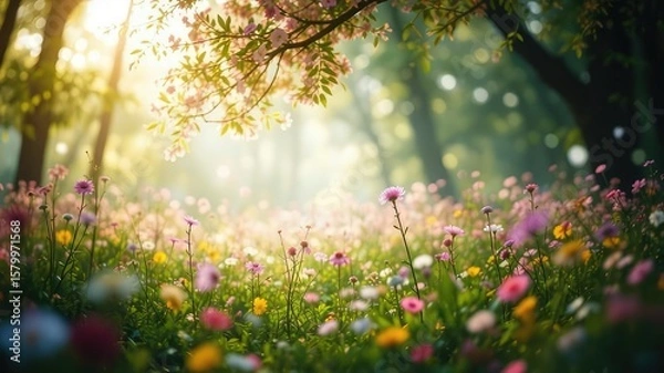 Fototapeta Enchanting Forest Meadow, Pastel Bokeh Lights, Dreamy Background Image