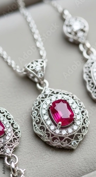 Fototapeta Silver necklace with red gem pendant and matching earrings on a neutral surface.