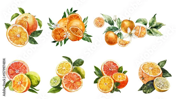 Fototapeta Set of orange fruit in watercolor style and various artstyle