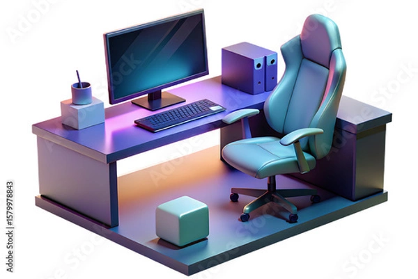 Fototapeta A sleek computer desk setup with a gaming chair and monitor isolated on transparent background