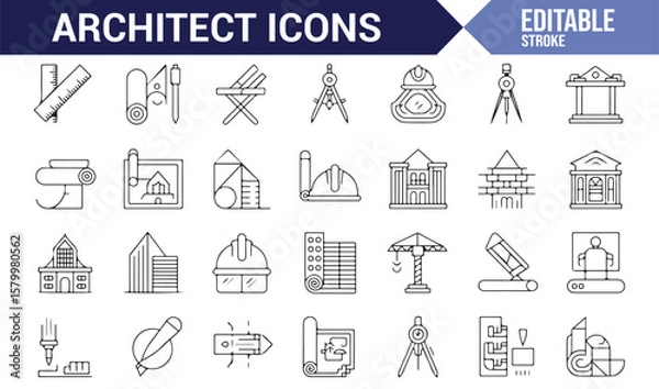 Fototapeta Detailed set of architect icons showcasing drafting, measurement tools, and construction equipment for the industry.