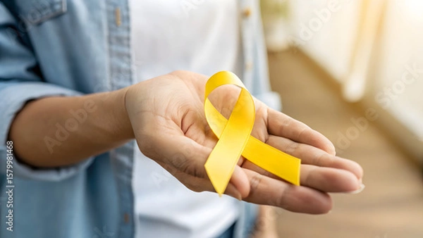 Fototapeta Holding the Yellow Ribbon: The image showcases a person's open hand, delicately holding a bright yellow ribbon. It’s a powerful symbol of hope, support, and solidarity.