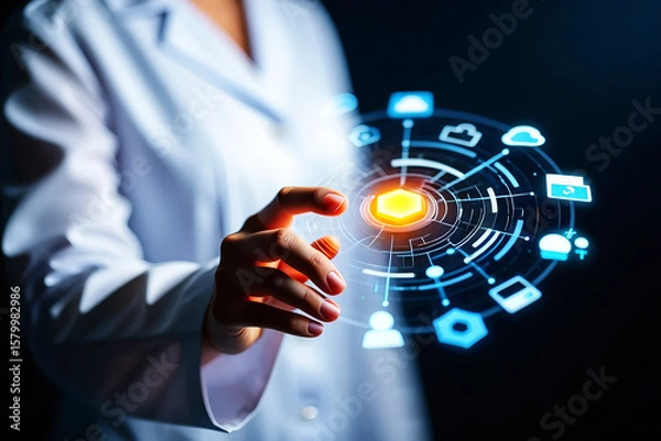 Fototapeta Person interacting with glowing digital interface hand technology