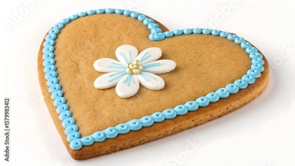 Fototapeta Heart-Shaped Gingerbread Cookie: A delectable heart-shaped gingerbread cookie, delicately decorated with a white icing flower and a light blue border, rests invitingly.