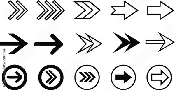 Obraz Collection of diverse black arrow icons and symbols pointing to the right in various styles on a white background