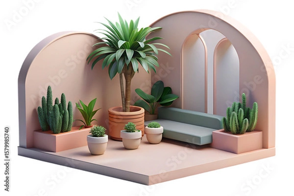 Fototapeta A serene indoor garden with various plants and a modern sofa isolated on transparent background