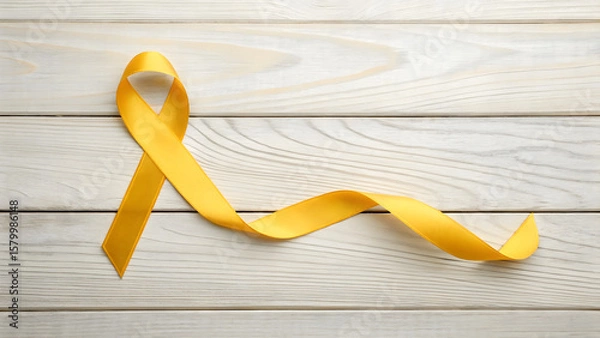 Fototapeta 🎗️ Golden Awareness Ribbon: A single, elegant golden ribbon curls gracefully against a backdrop of textured, light-toned wood, symbolizing support, hope, and remembrance.