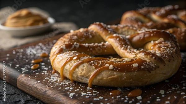 Fototapeta Golden Pretzel Delight: A mouthwatering image of a freshly baked pretzel glistening with coarse salt and a caramel drizzle, nestled alongside a creamy dip.