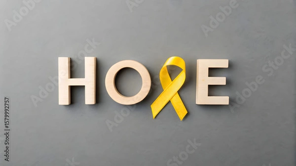 Fototapeta Hope with Ribbon: A heartening composition displaying the word "HOPE" spelled out in elegant letters, beautifully complemented by a symbolic yellow ribbon. conveying a message of optimism, support.