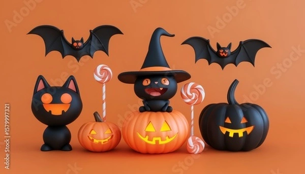 Fototapeta Halloween cute 3D character elements set with black witch cat, flying vampire bat, smiling jack-o'-lantern, candy, and wizard hat