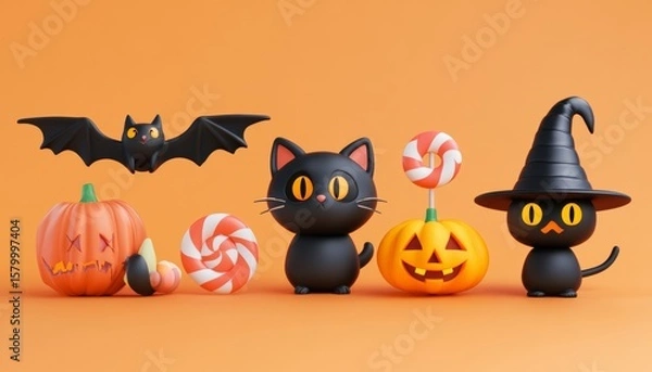 Fototapeta Halloween cute 3D character elements set with black witch cat, flying vampire bat, smiling jack-o'-lantern, candy, and wizard hat