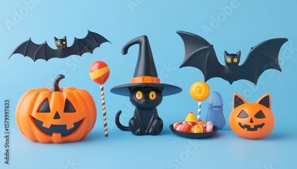 Fototapeta Halloween cute 3D character elements set with black witch cat, flying vampire bat, smiling jack-o'-lantern, candy, and wizard hat