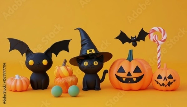Fototapeta Halloween cute 3D character elements set with black witch cat, flying vampire bat, smiling jack-o'-lantern, candy, and wizard hat