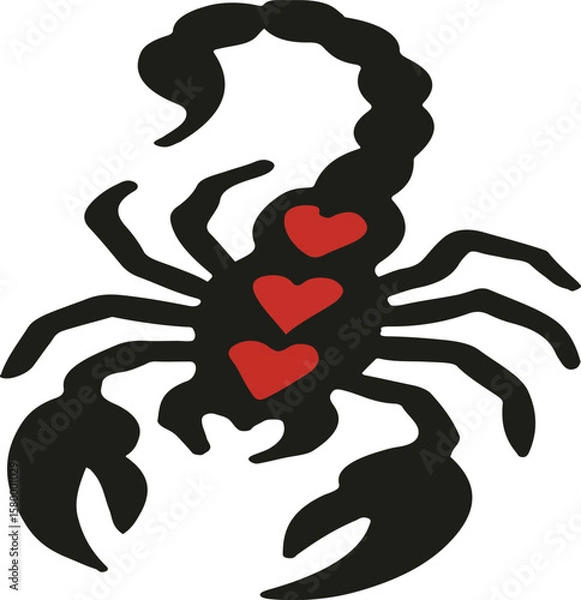 Fototapeta Bold Scorpion Tattoo Design with Red Hearts — Unique Vector Illustration