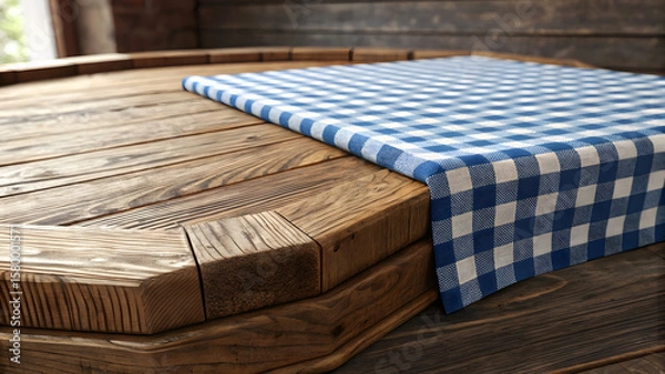 Fototapeta Rustic Table Setting: A close-up shot captures the raw beauty of a wooden table adorned with a blue checkered cloth.