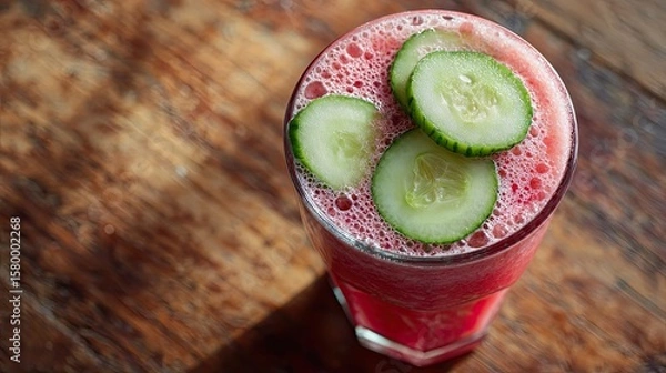 Fototapeta Refreshing watermelon smoothie garnished with cucumber slices, served in a glass on a rustic wooden table.