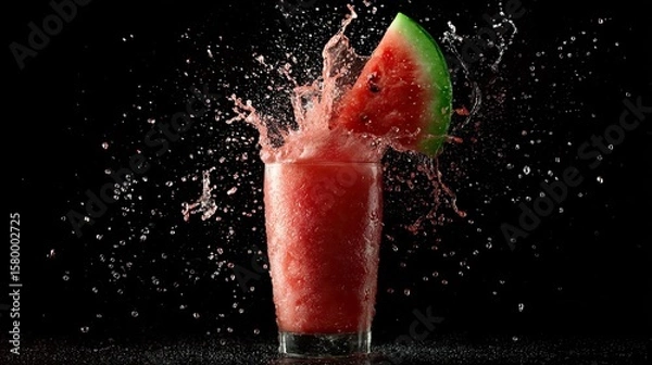 Fototapeta Watermelon slice falling into a glass of watermelon juice, creating a dynamic splash against a dark background.