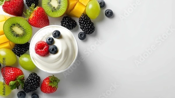 Fototapeta Yogurt parfait topped with fresh berries and fruit, arranged on a light background.