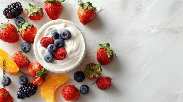 Fototapeta Creamy yogurt topped with fresh berries and orange slices, surrounded by more fruit.