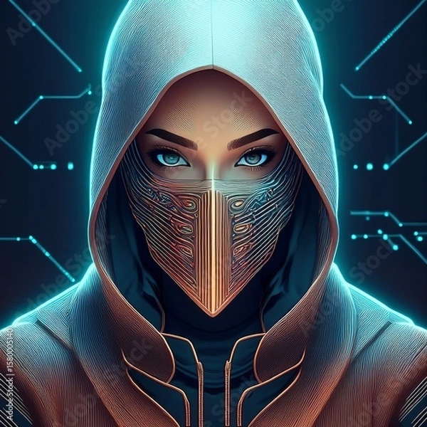 Fototapeta Futuristic Female Hacker in Tech Mask and Hooded Suit