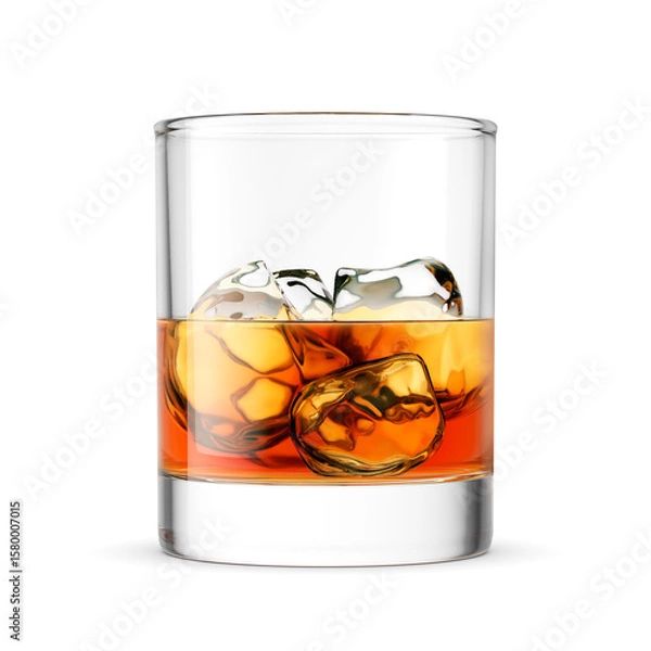 Obraz A clear glass filled with amber-colored whiskey and ice cubes isolated. 3D rendering illustration. Transparent PNG image.