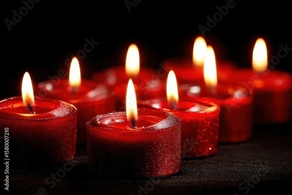 Fototapeta Seven red candles glow in the dark. Use this image for rituals or remembrance.
