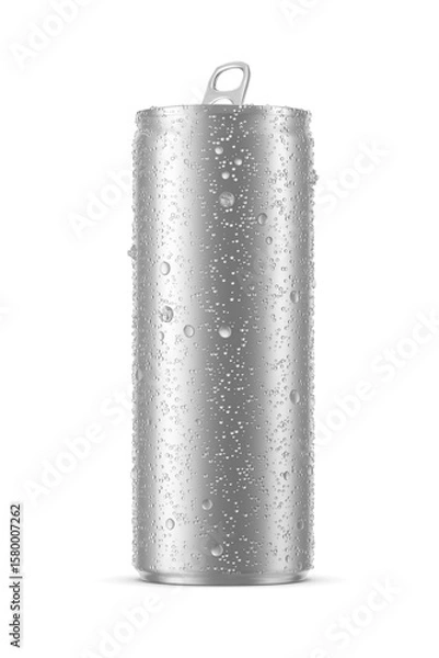 Obraz Aluminum beverage slim can 250ml with water droplets isolated. 3D rendering illustration.