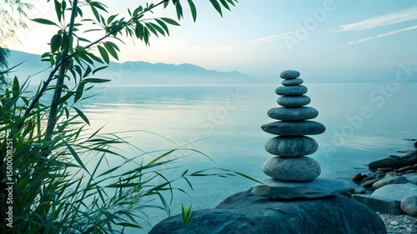 Fototapeta Serene Stone Stack: A peaceful scene showcases a precisely balanced stone stack on a lakeside, invoking calmness and introspection with a soft, natural aesthetic.