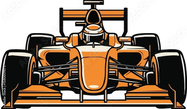 Fototapeta Orange Formula One race car, front view, driver visible, detailed illustration.