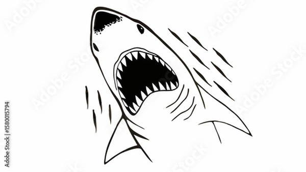 Obraz Aggressive Shark Mouth Wide Open – Black and White Vector Illustration