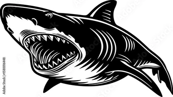 Obraz Ferocious Shark Vector Art – Black and White Aggressive Sea Predator Illustration