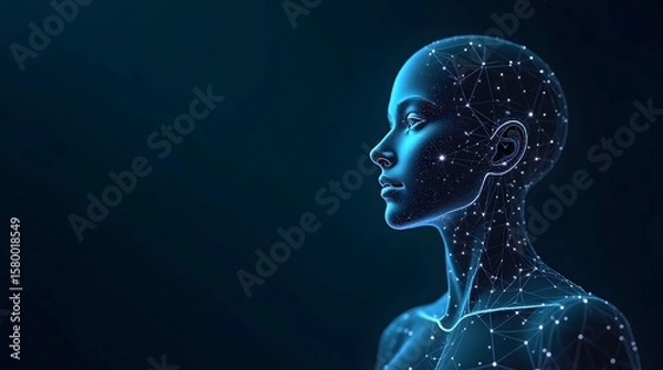 Fototapeta Blue X-ray art of a glamorous woman's head, revealing her elegant facial structure with dark eyes and lips