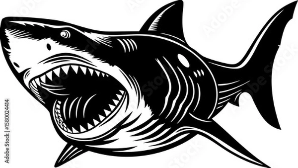 Obraz Ferocious Shark Vector Art – Black and White Ocean Predator Illustration