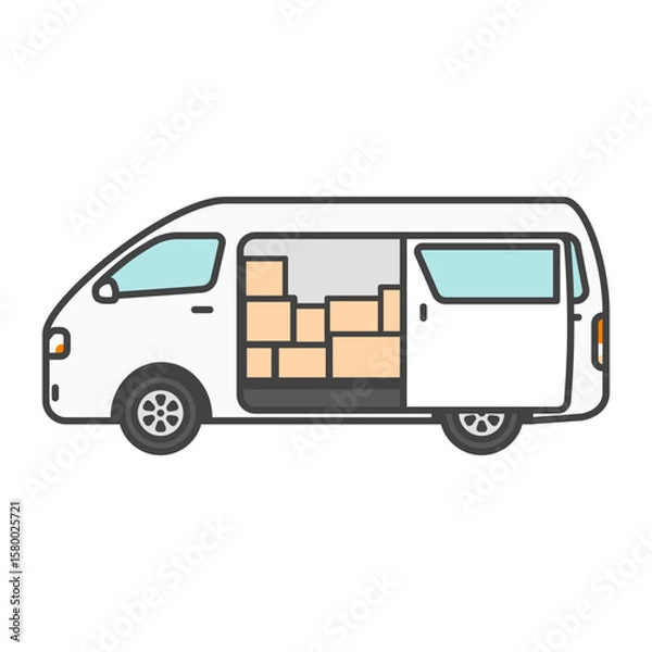 Obraz イラスト素材：宅配便の荷物を積んだバン・物流業界の商用車・白のワゴン車（ワンボックスカー）