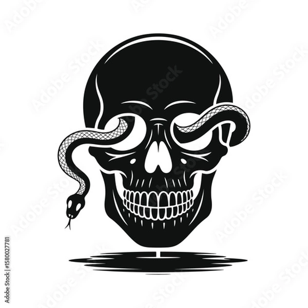 Obraz Black skull with snake wrapping around eye sockets reptile white