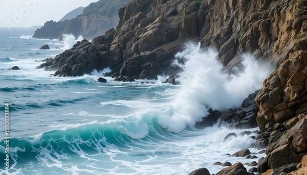 Fototapeta a rocky coastline with ocean waves crashing against jagged cliffs, captured with sharp clarity and fast shutter speed to freeze water droplets in motion -