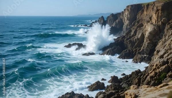 Fototapeta a rocky coastline with ocean waves crashing against jagged cliffs, captured with sharp clarity and fast shutter speed to freeze water droplets in motion -