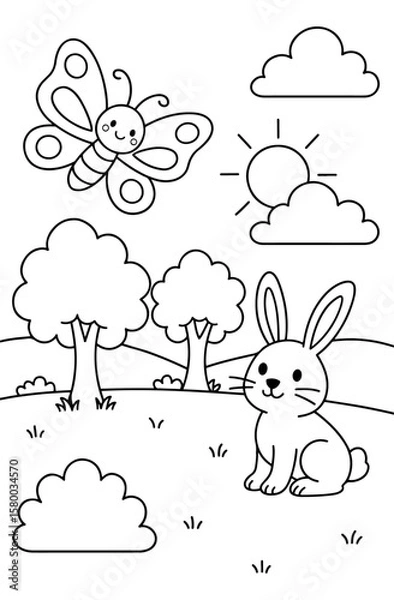 Fototapeta Coloring pages for kids of a landscape scene with rabbit and butterfly