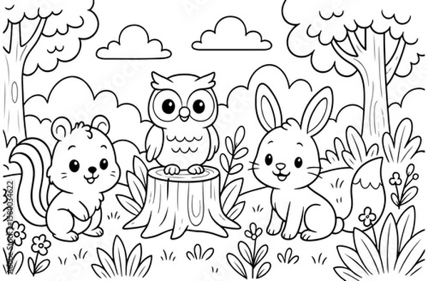 Fototapeta Coloring page of cute animals squirrel, owl, and rabbit in the forest